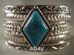 102 Gram Vintage Navajo Rhombus Turquoise Silver Bracelet