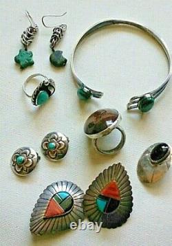 10 PC Vintage Native American Sterling Silver Turquoise Jewelry Lot