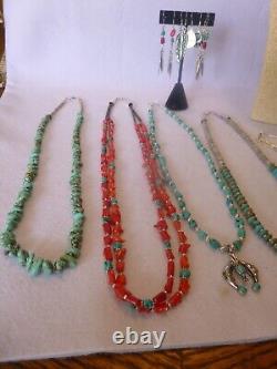 12 Piece Native American Southwestern Vintage Turquoise & Coral Jewelry 925 Lot