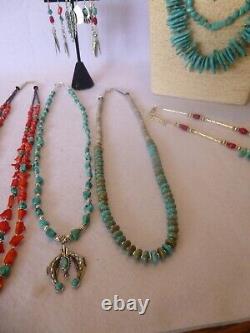 12 Piece Native American Southwestern Vintage Turquoise & Coral Jewelry 925 Lot