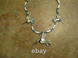 17.5 OLDER Vintage Zuni Sterling Inlay Turquoise / MOP HUMMINGBIRD Necklace