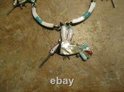 17.5 OLDER Vintage Zuni Sterling Inlay Turquoise / MOP HUMMINGBIRD Necklace