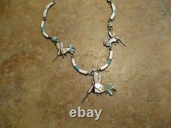 17.5 OLDER Vintage Zuni Sterling Inlay Turquoise / MOP HUMMINGBIRD Necklace