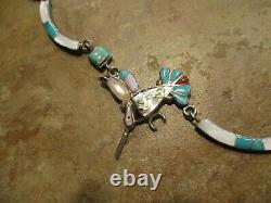 17.5 OLDER Vintage Zuni Sterling Inlay Turquoise / MOP HUMMINGBIRD Necklace