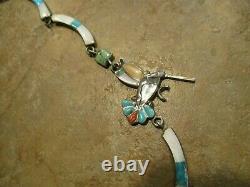 17.5 OLDER Vintage Zuni Sterling Inlay Turquoise / MOP HUMMINGBIRD Necklace