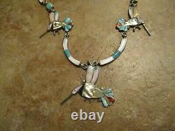 17.5 OLDER Vintage Zuni Sterling Inlay Turquoise / MOP HUMMINGBIRD Necklace