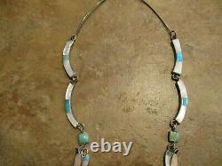 17.5 OLDER Vintage Zuni Sterling Inlay Turquoise / MOP HUMMINGBIRD Necklace