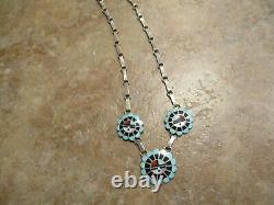 18 OLDER Vintage Zuni Sterling Silver Turquoise & Onyx SUN FACE Necklace