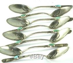 1920's American Indian Sterling Silver Turquoise Set Of 8 Demitasse Spoons
