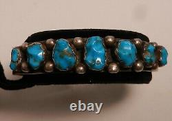 1920's NAVAJO PAWN BLUE GEM TURQUOISE & INGOT SILVER CUFF BRACELET, COBBLESTONE