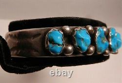 1920's NAVAJO PAWN BLUE GEM TURQUOISE & INGOT SILVER CUFF BRACELET, COBBLESTONE