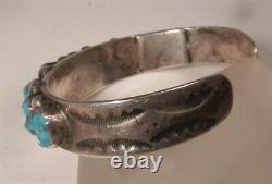 1920's NAVAJO PAWN BLUE GEM TURQUOISE & INGOT SILVER CUFF BRACELET, COBBLESTONE