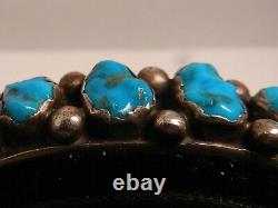 1920's NAVAJO PAWN BLUE GEM TURQUOISE & INGOT SILVER CUFF BRACELET, COBBLESTONE