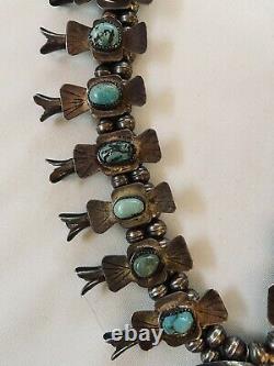 1930's Child Size Box Bow Sterling & Turquoise Squash Blossom Necklace 19 inches