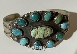 1930's Vintage Navajo Indian Silver Multi Turquoise Cuff Bracelet