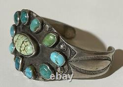 1930's Vintage Navajo Indian Silver Multi Turquoise Cuff Bracelet