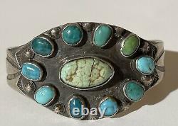 1930's Vintage Navajo Indian Silver Multi Turquoise Cuff Bracelet