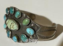 1930's Vintage Navajo Indian Silver Multi Turquoise Cuff Bracelet