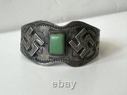 1930s Fred Harvey Navajo Sterling Turquoise Stamped Cuff Arrowhead Whirling Logs