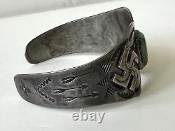 1930s Fred Harvey Navajo Sterling Turquoise Stamped Cuff Arrowhead Whirling Logs