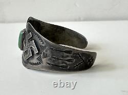 1930s Fred Harvey Navajo Sterling Turquoise Stamped Cuff Arrowhead Whirling Logs