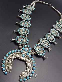 1940s Vintage ZUNI Sterling Silver TURQUOISE Petit Point SQUASH BLOSSOM Necklace