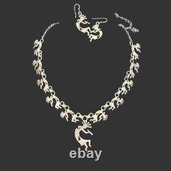 1990s Vintage Sterling Silver Kokopelli Necklace Matching Dangle Earrings Set