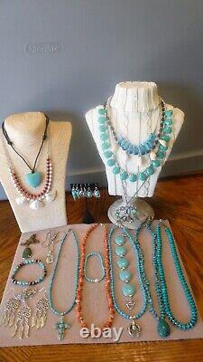 22 Native American Southwestern Vintage to Modern Turquoise & Coral Jewelry Lot