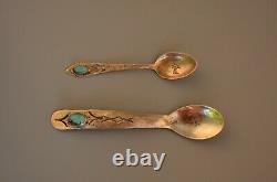 2 Old Pawn Navajo Sterling Silver stamped Spoons Thunderbird Turquoise