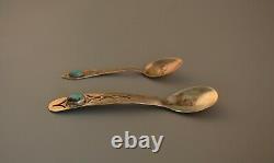 2 Old Pawn Navajo Sterling Silver stamped Spoons Thunderbird Turquoise