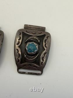 2 Sets Of Vtg Native American Sterling Silver Turquoise Watch Tips