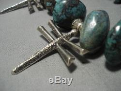 320 Grams Vintage Navajo Sterling Silver Cross Turquoise Squash Blossom Necklace