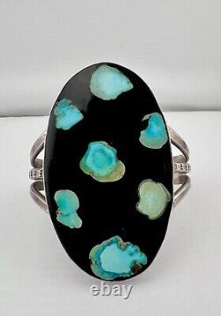 3 Unusual Vtg Navajo Sterling Silver Turquoise & Onyx Inlay Cuff Bracelet 80.5g