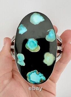 3 Unusual Vtg Navajo Sterling Silver Turquoise & Onyx Inlay Cuff Bracelet 80.5g