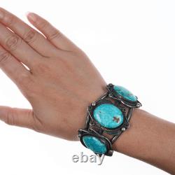 6.375 Vintage Native American silver cuff bracelet with 3 large turquoise