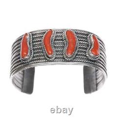 6.5 Vintage Native American twisted silver wire coral cuff bracelet