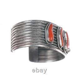6.5 Vintage Native American twisted silver wire coral cuff bracelet