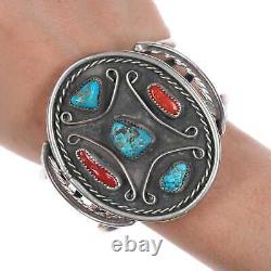 7 Vintage Native American large Silver, turquoise, and coral cuff bracelet