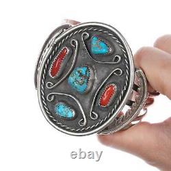 7 Vintage Native American large Silver, turquoise, and coral cuff bracelet