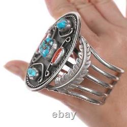 7 Vintage Native American large Silver, turquoise, and coral cuff bracelet