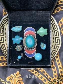 8 Navajo Vintage 1940-60's Turquoise Rocks 2 Turtles Red Coral Lapis Stones