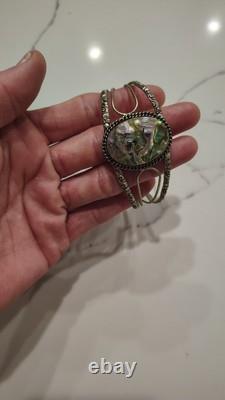 8. Vintage Navajo Sterling 925 Native American Abalone Shell Stamped Cuff