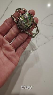 8. Vintage Navajo Sterling 925 Native American Abalone Shell Stamped Cuff