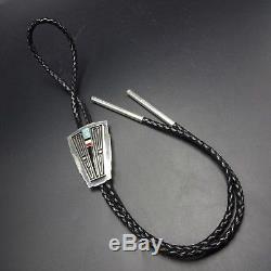 ALBERT NELLS Vintage NAVAJO Sterling Silver & TURQUOISE Channel Inlay BOLO Tie