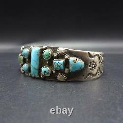 ANTIQUE 1890s to 1910s NAVAJO Hand-Stamped TURQUOISE INGOT Silver Cuff BRACELET