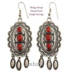 A+ Navajo Coral Earrings Sterling Silver CORAL Dangles Big Vintage Old Pawn