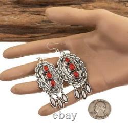 A+ Navajo Coral Earrings Sterling Silver CORAL Dangles Big Vintage Old Pawn