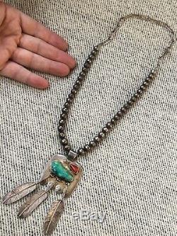 A+ Vintage Navajo Southwest Necklace Sterling Silver & Turquoise & Coral