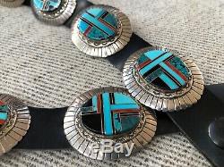 A+ Vintage Zuni / Navajo Sterling Silver & Channel Inlay Concho Belt & Buckle
