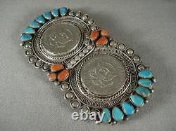 Absolutely Huge Vintage Navajo Turquoise Coral Silver Pin